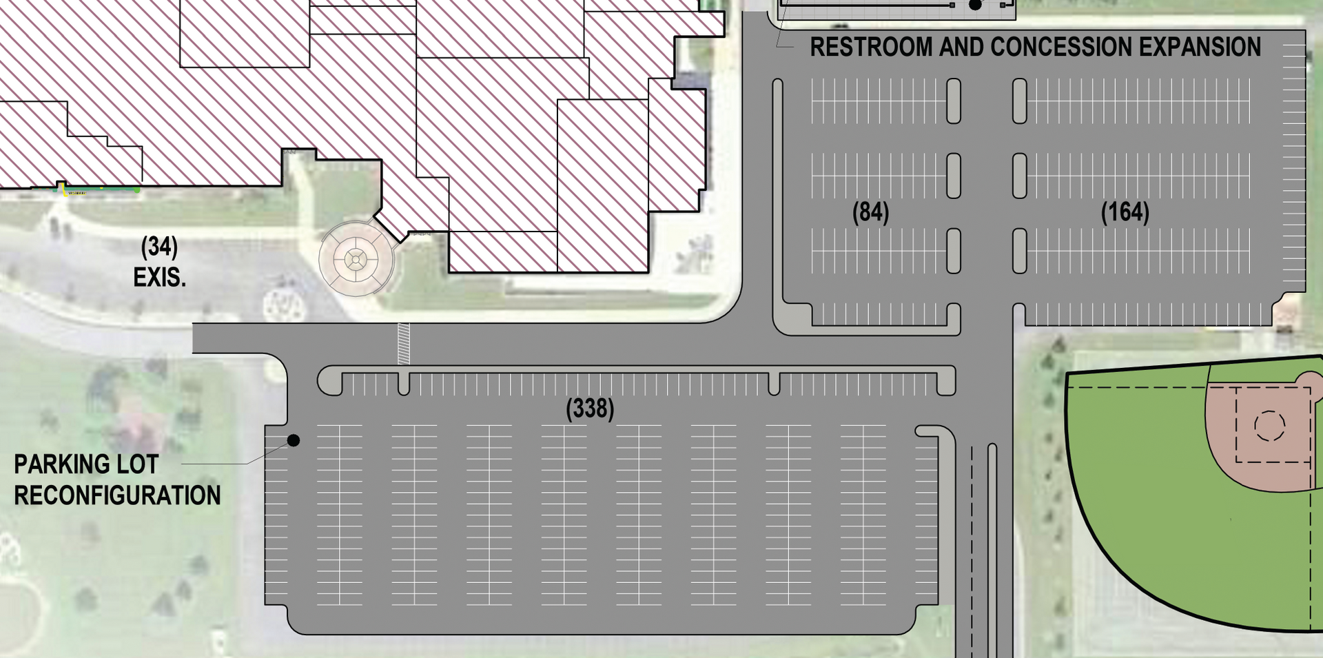 Expanded view showing the parking lot reconfiguration to allow for more parking places in the existing space