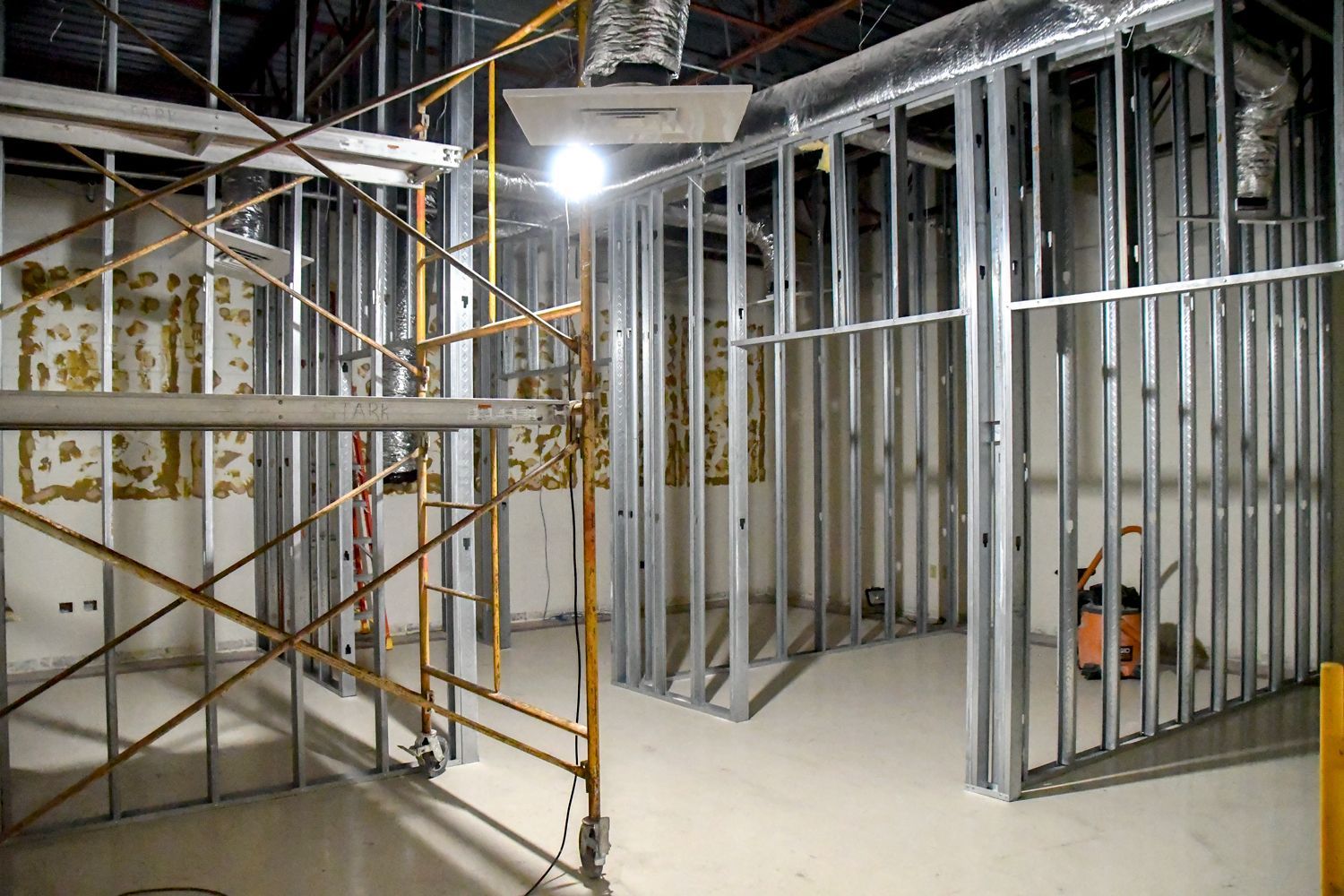 Supports for walls going up in the Communications Suite