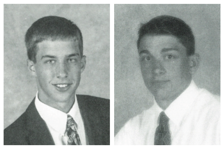 Two 1999 senior portraits. Smiling Aaron Dolan on the left, Eric Schroeder on the right, in a white shirt and tie.