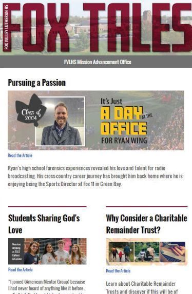 Screen shot of sample, new Fox Tales emailed newsletter with an alumni story featured