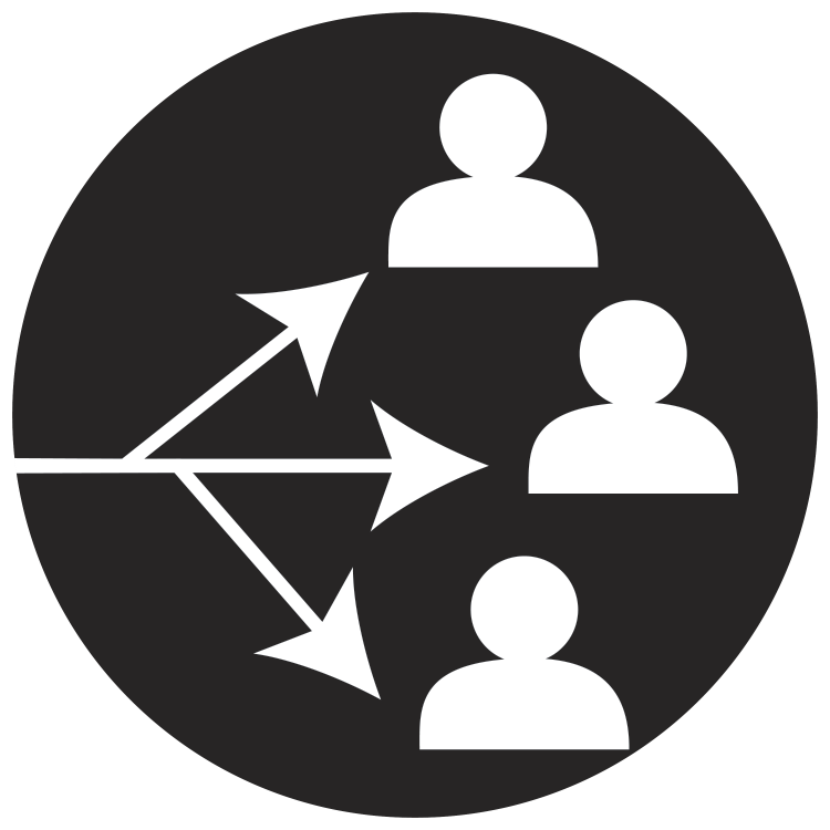 one arrow splitting into three with person silhouette at the end of each of the three arrow points