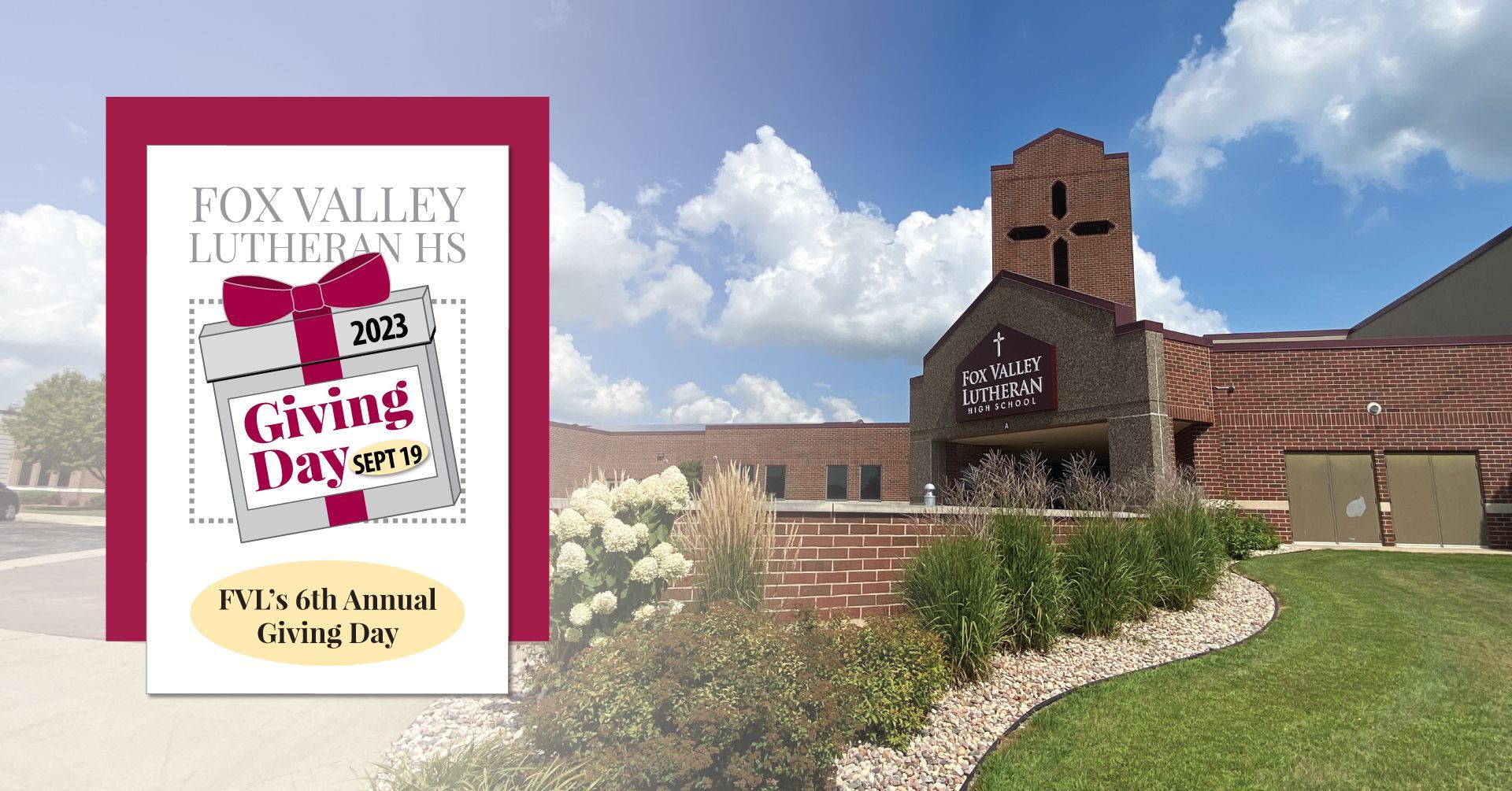 Tower entrance with the logo for Giving Day as an added graphic to the left of the tower