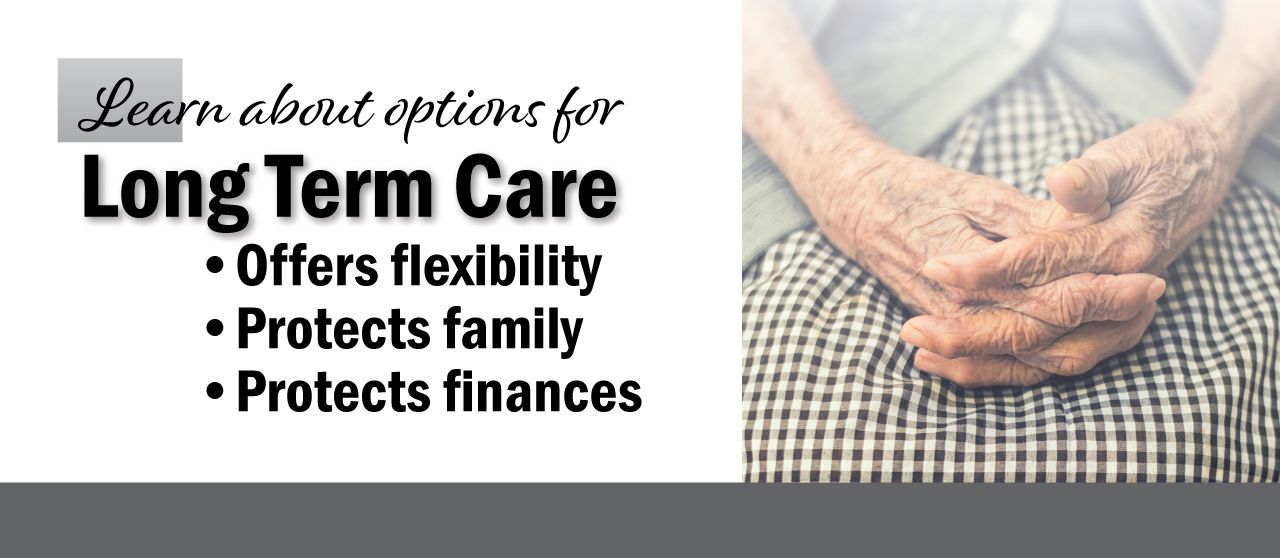 Long Term Care event graphic with photo of the folded hands of an elderly woman