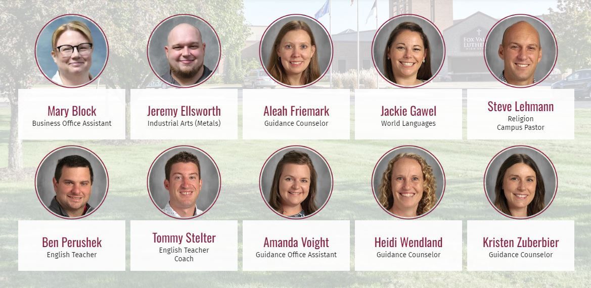 Head shots of the ten new faculty and staff, each in circle frames, on a faded background image of the school.