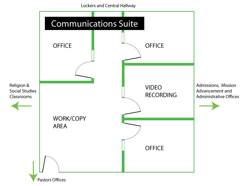 Drawing showing the floor plan for the new Communications Suite - four offices and a copy area