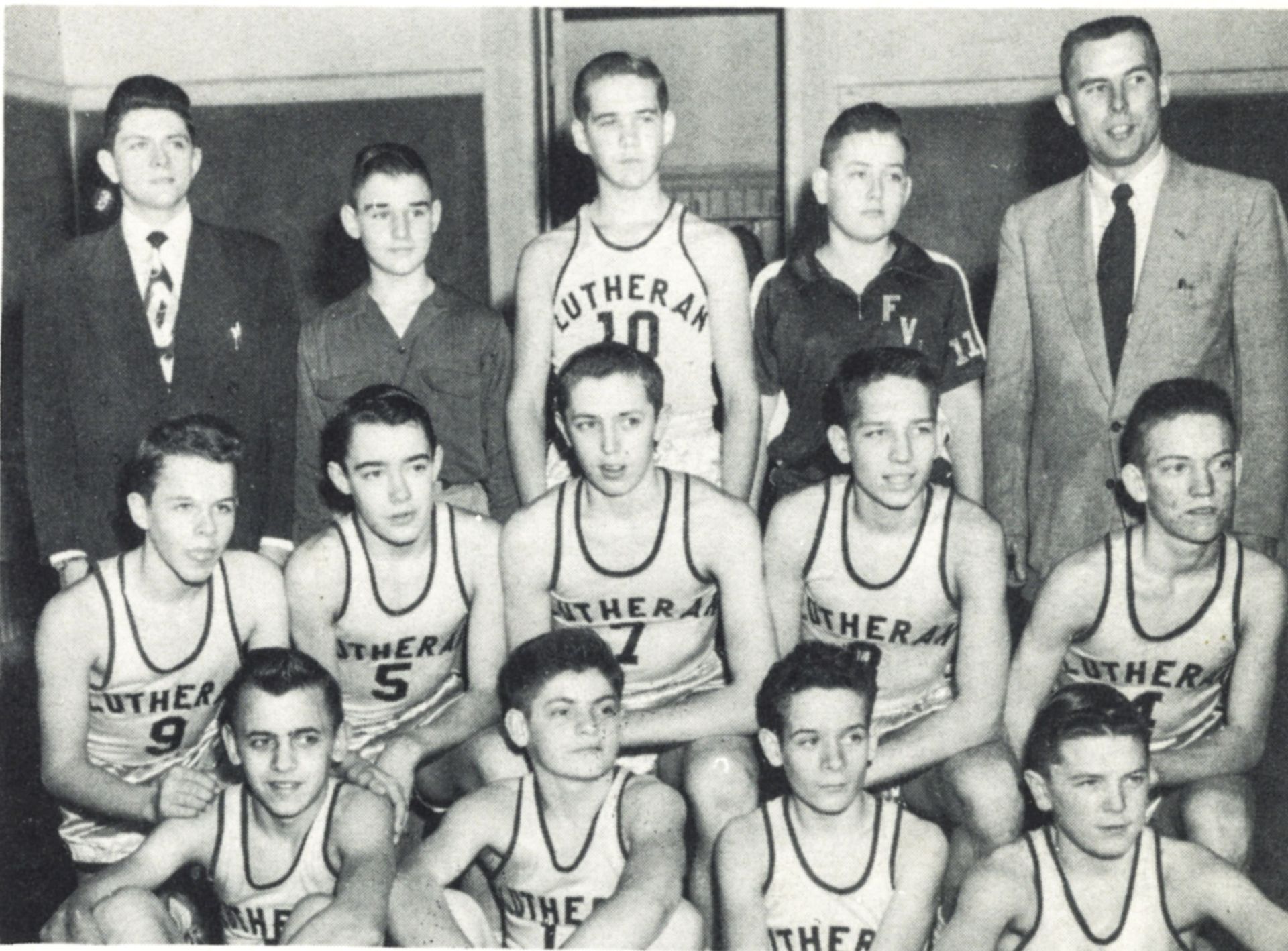 Boys basketball team and coaches in 1954-55