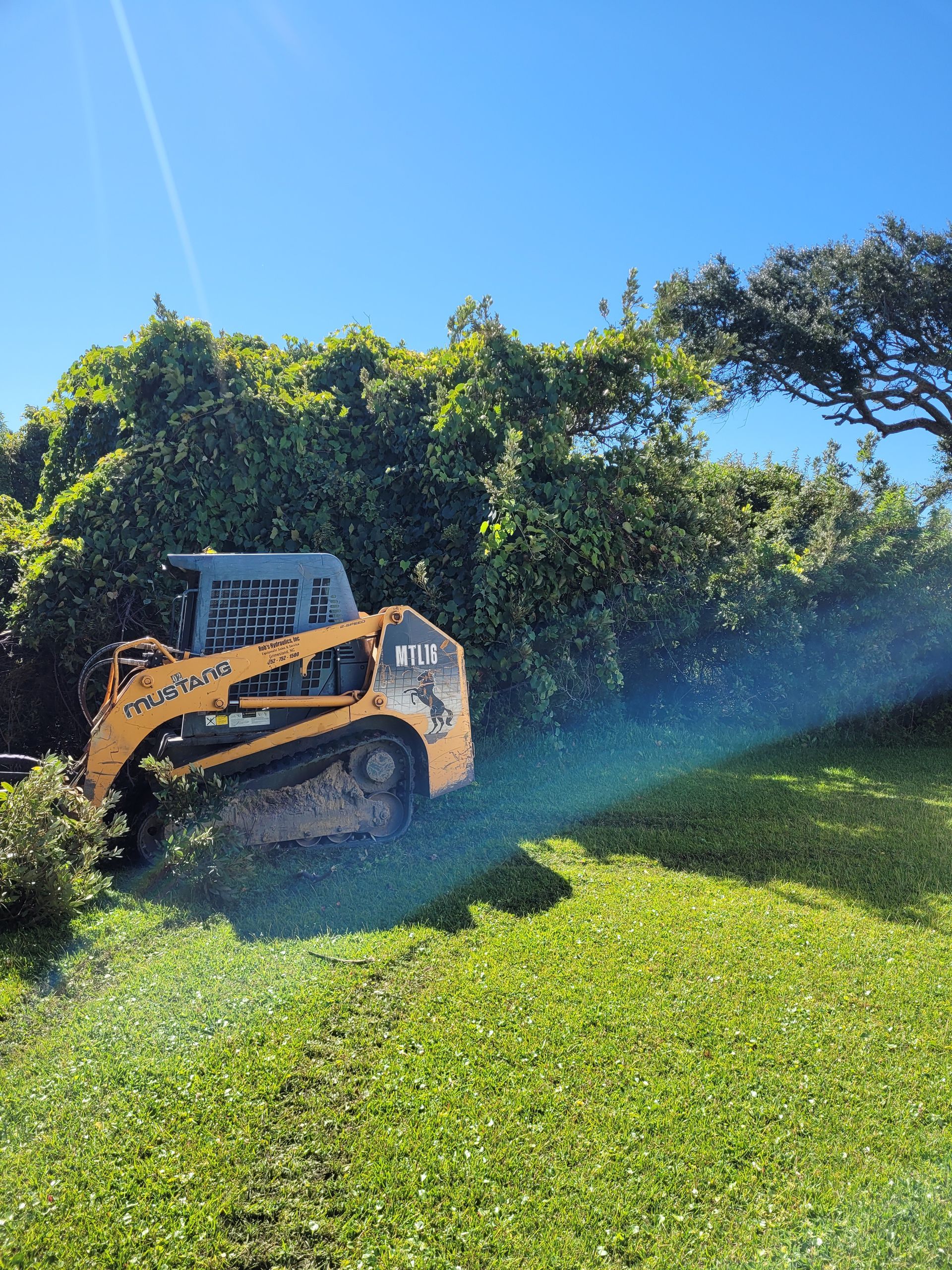 Yellow skid-steer mowing lush green grass in a sunny field under a blue sky