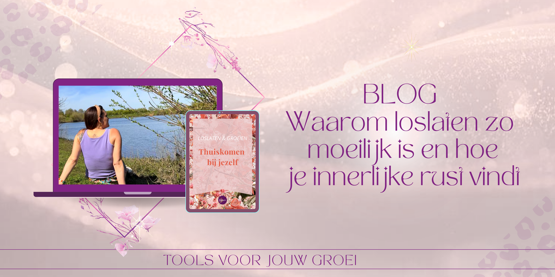 Sabine van Fheals is een persoon te zien die bij een meer zit. Daarnaast staat in het Nederlands de volgende tekst: 