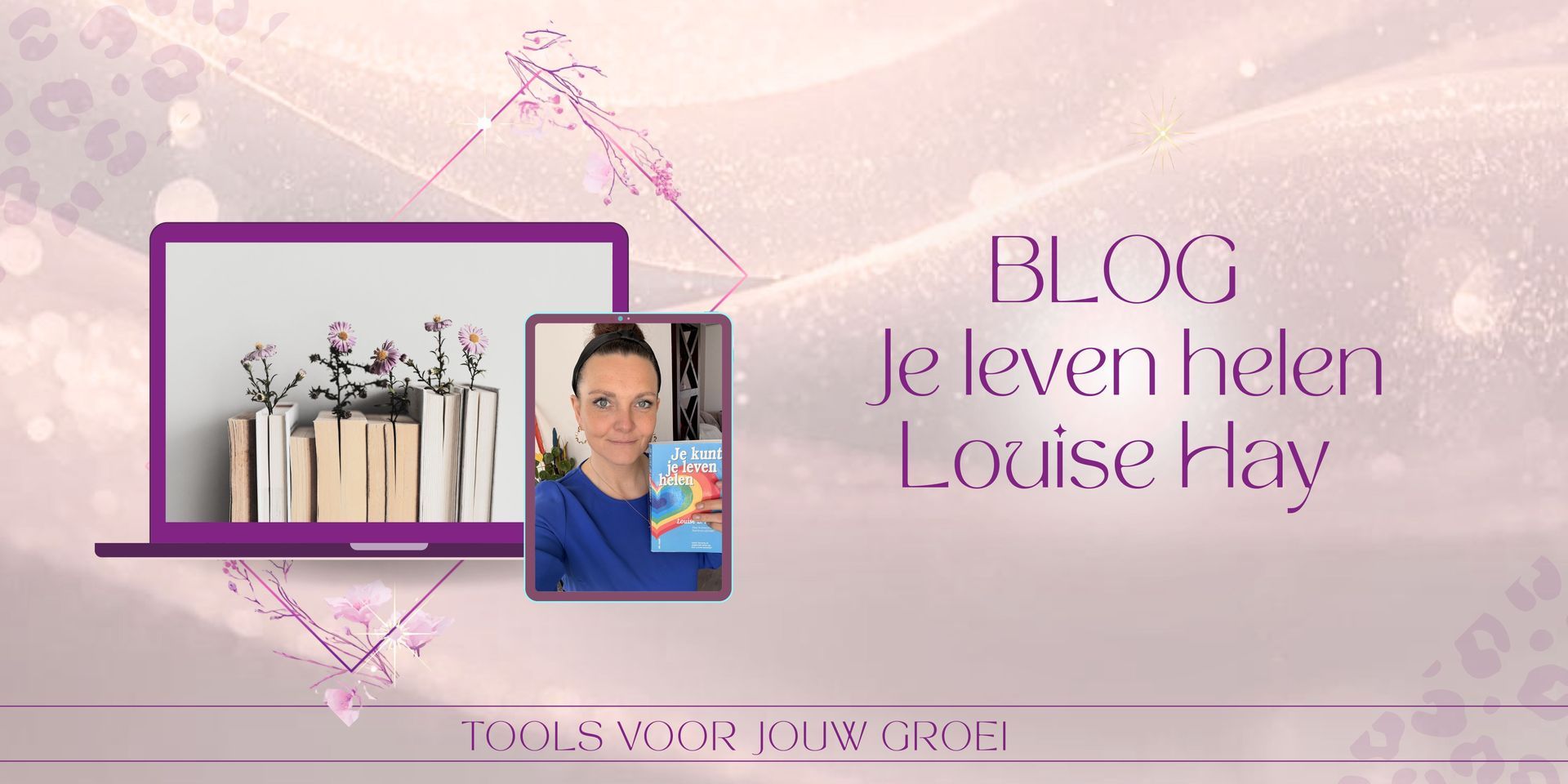 Een banner met een laptop, een foto van iemand die een boek vasthoudt en de tekst