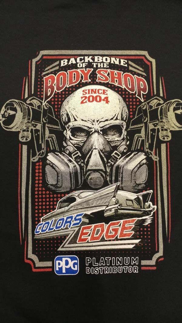 Black t-shirt design: skull wearing respirator, spray guns, 