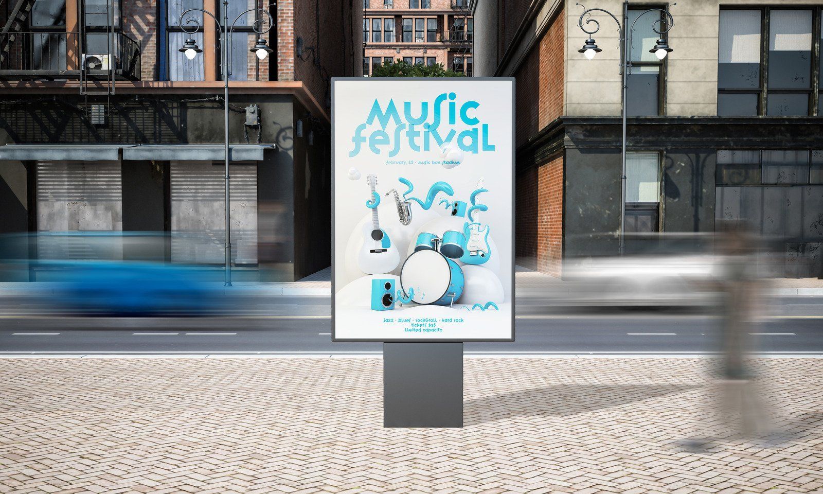 Billboard in city street advertising a music festival with blue instruments and text.