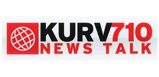 A logo for kurv710 news talk with a globe on it