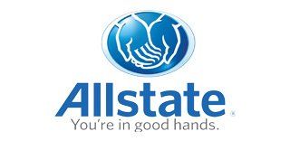 The allstate logo is blue and white and says `` you 're in good hands ''.