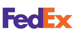 The fedex logo is purple and orange on a white background