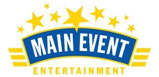 A blue and yellow logo for main event entertainment