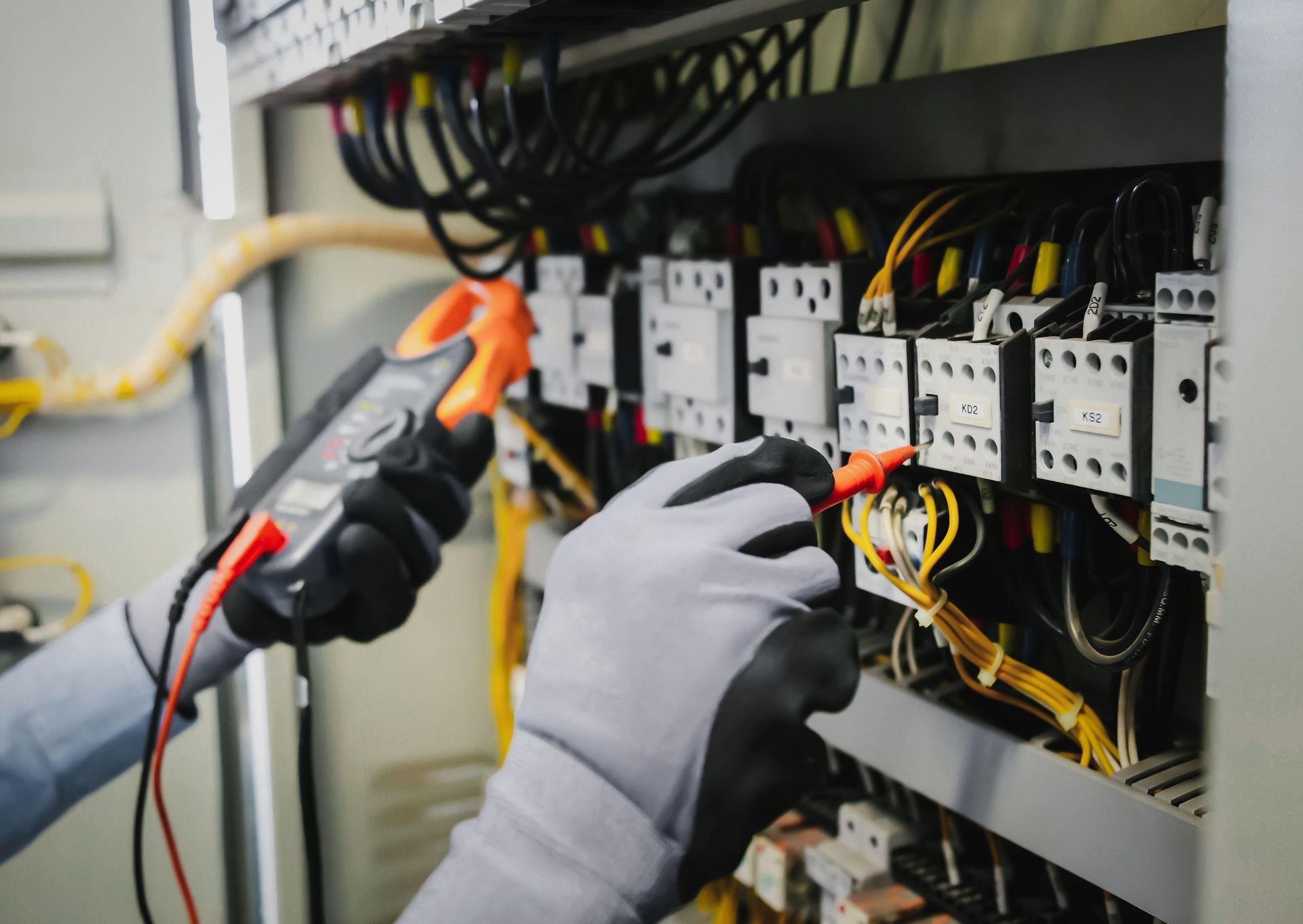 Electrician testing electrical panel with a multimeter, wearing gloves.