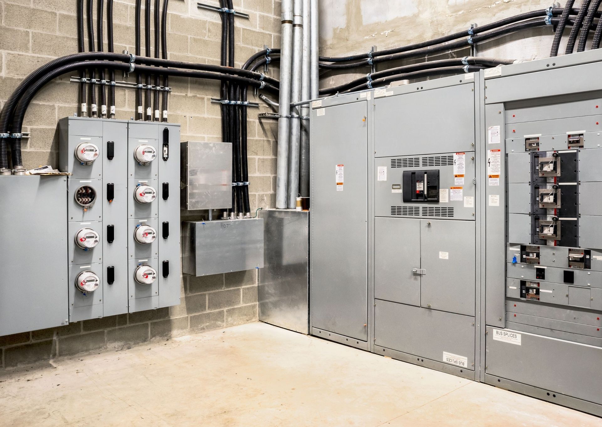 Electrical room with grey metal panels and conduit against a brick wall.