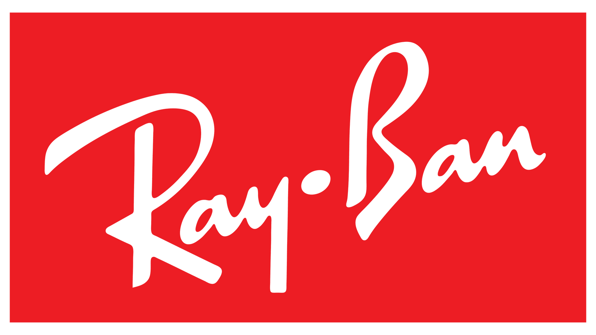 Ray-Ban logo in white script on a red rectangle.