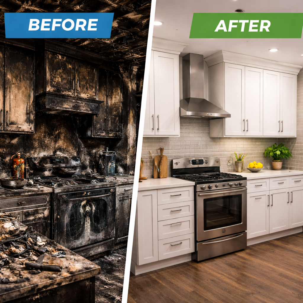 Kitchen restoration showing before and after fire cleanup results