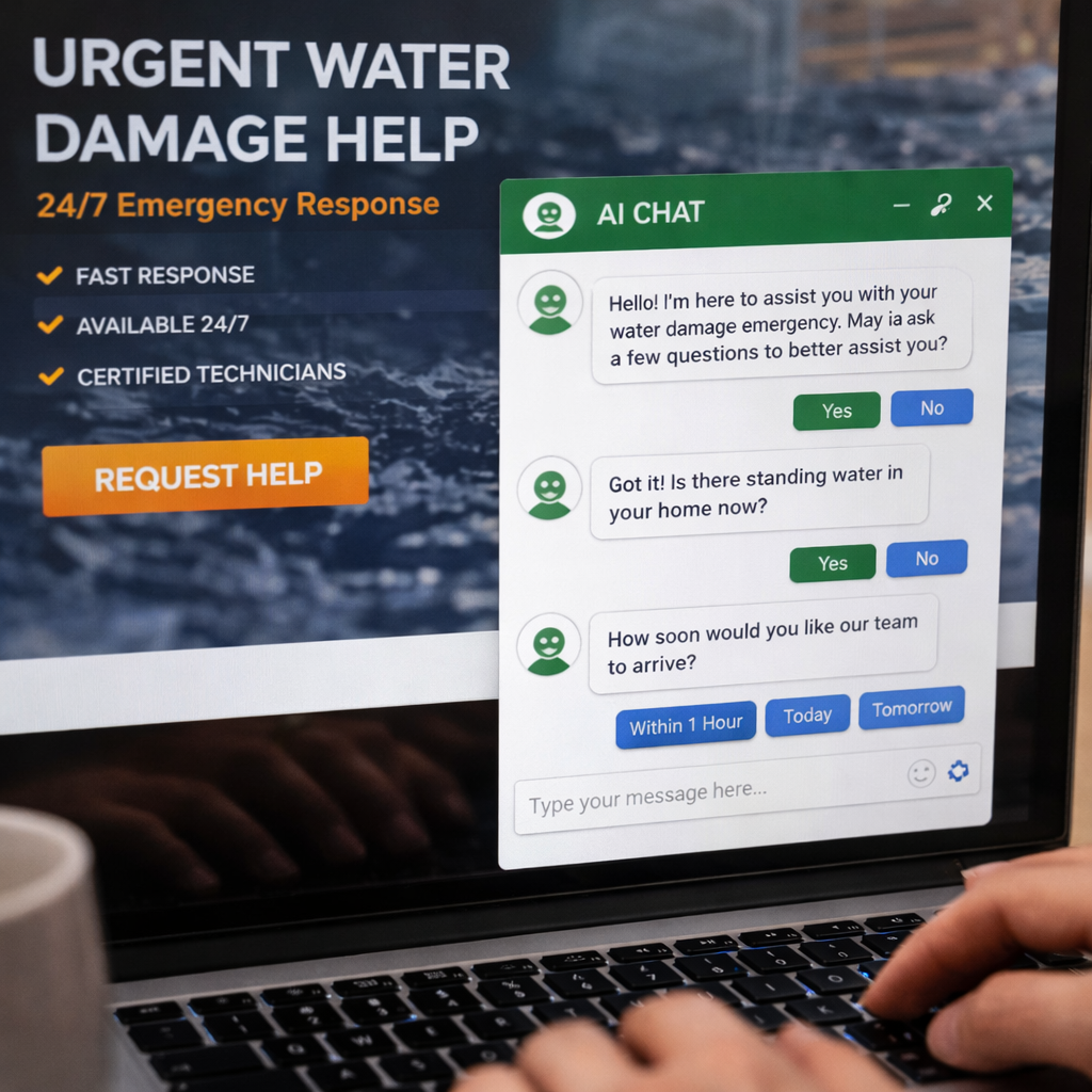 AI-powered chatbot on restoration website capturing emergency lead information 24/7