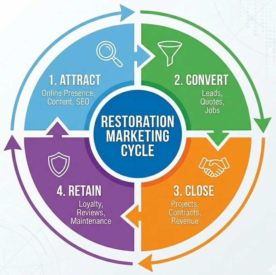 Four-stage water damage marketing framework showing customer journey from search to retention