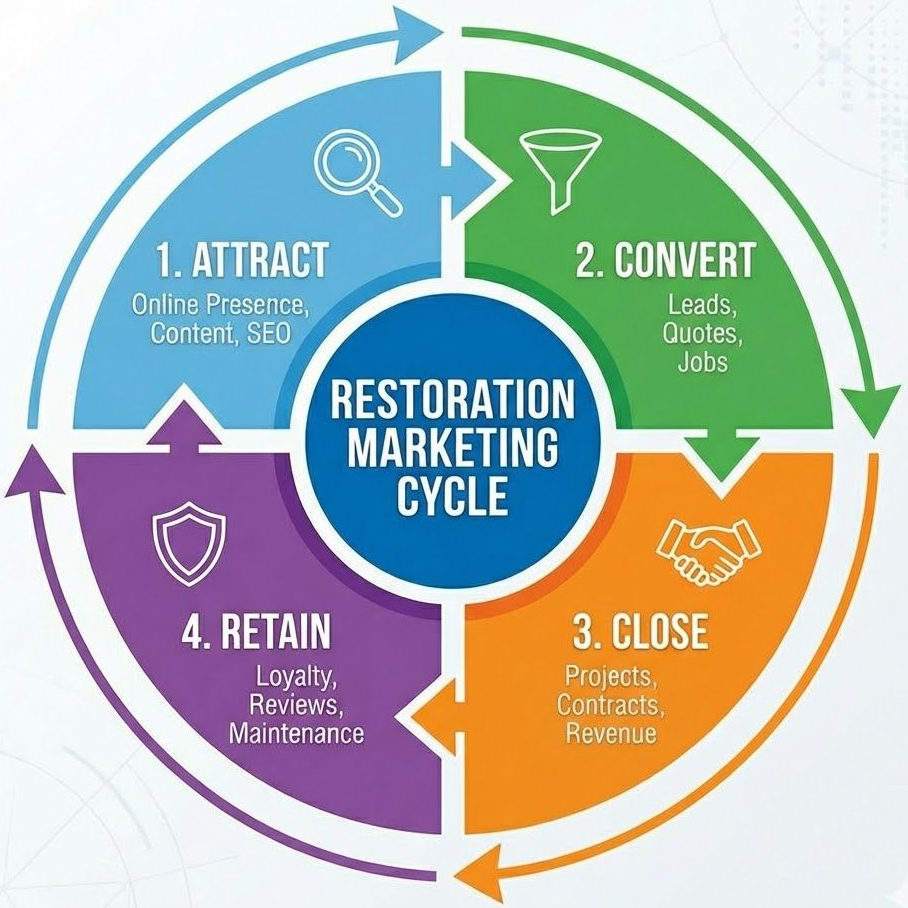 Four-stage water damage marketing framework showing customer journey from search to retention
