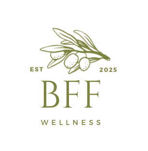Logo for BFF Wellness, olive branch above initials