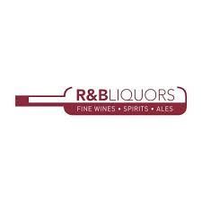 R&B Liquors logo: a maroon bottle opener shape with the store name and