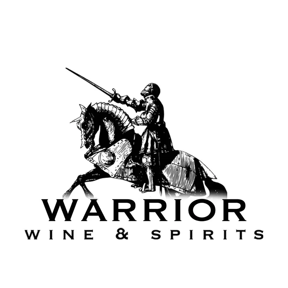 Warrior on horseback, holding sword aloft. Wine & Spirits logo.