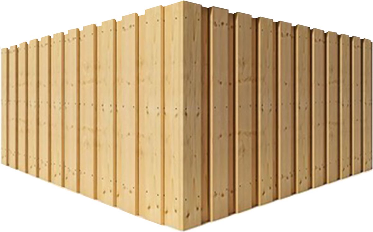 Corner of a light wood fence with vertical slats on a white background