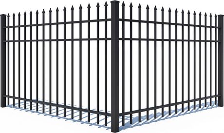 Black metal fence with pointed pickets and a corner section on a white background