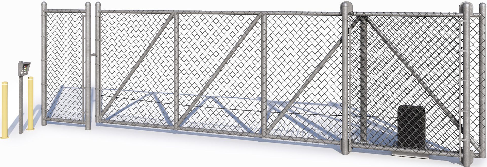 Gray metal gate and chain-link fence blocking a driveway, with yellow bollards beside it.