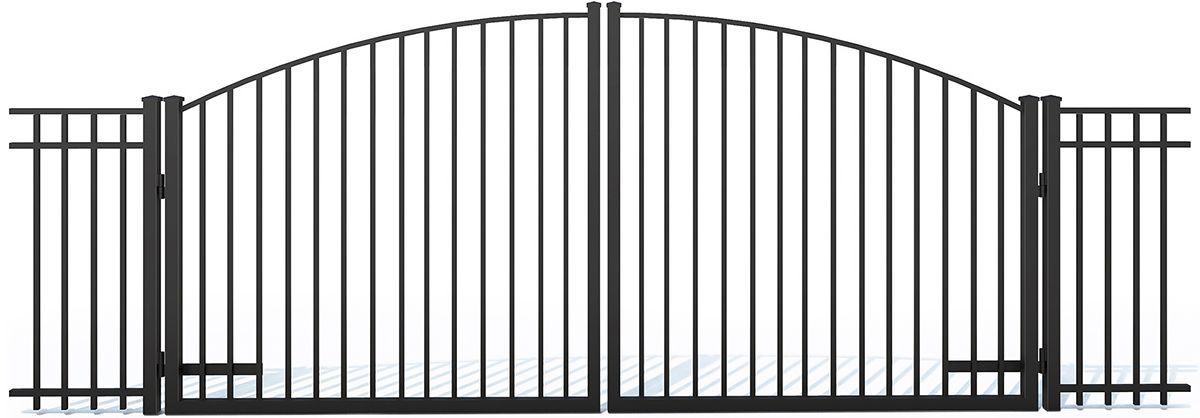 Black metal arched gate with vertical bars and side posts, closed in a simple side view