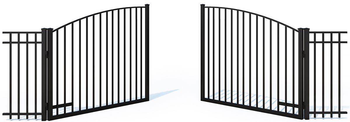 Two black metal garden gates, open inward, facing each other.