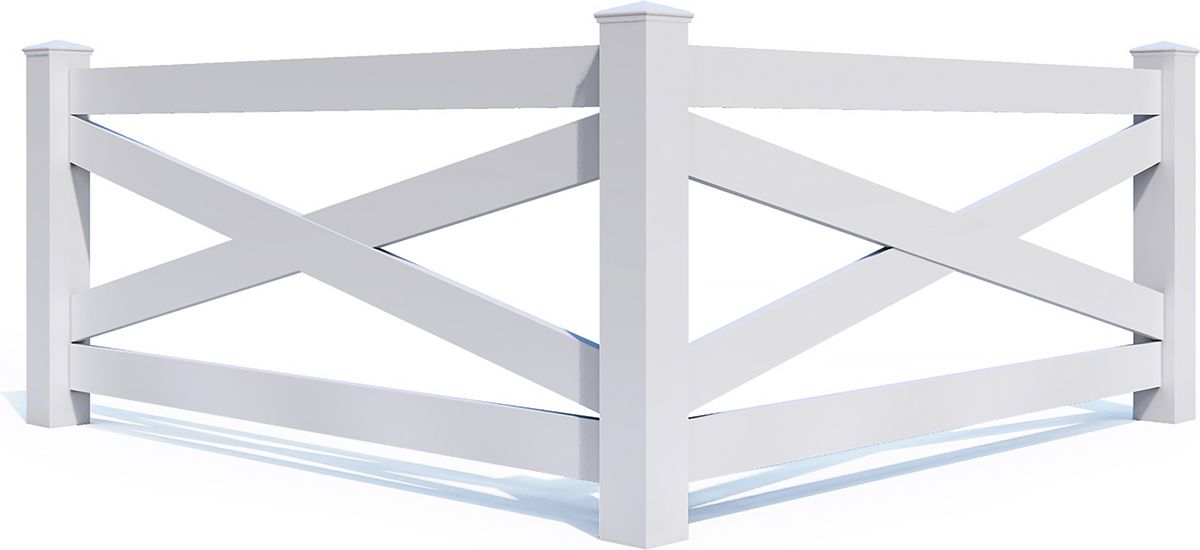 White painted wooden fence with crisscross panels and square posts