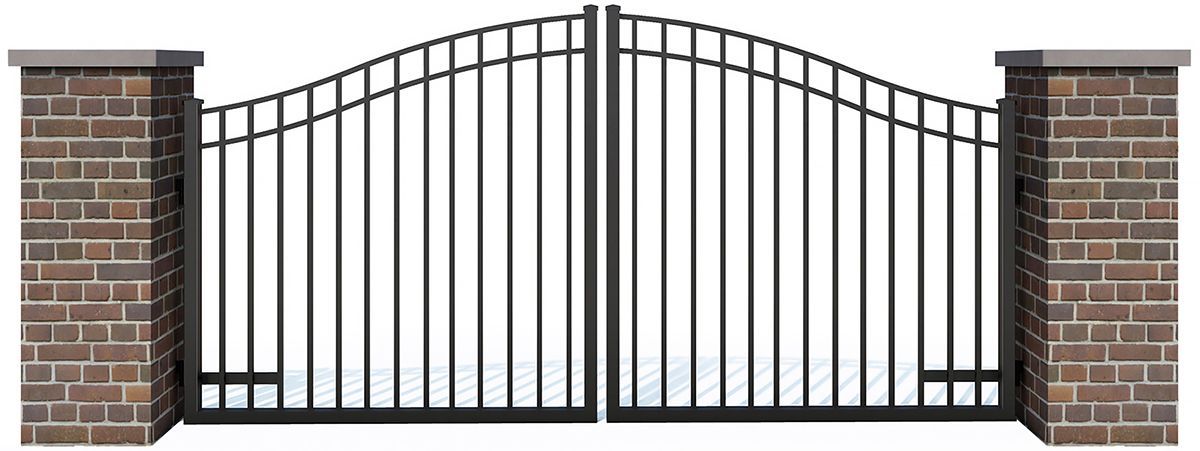 Black wrought-iron driveway gate between two brick pillars, slightly arched top.