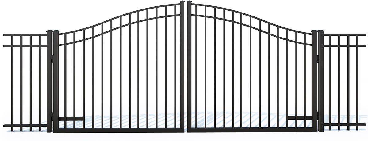 Black wrought-iron gate with curved top, centered between two matching fence sections.