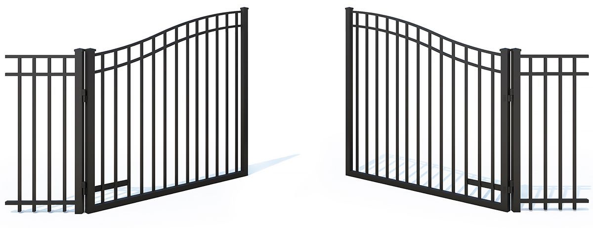 Two black metal gate panels with curved tops, shown open outward on a white background