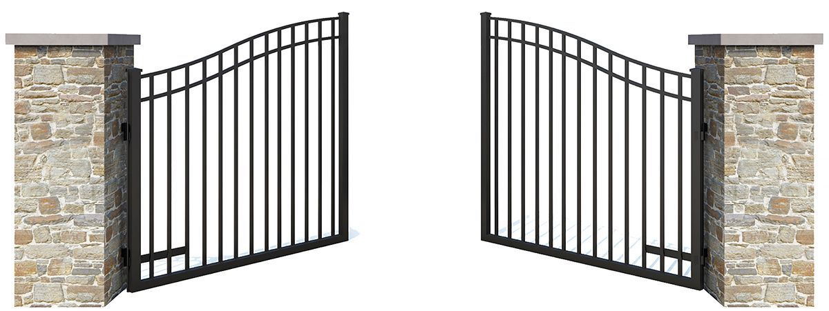 Black metal double driveway gate between two stone pillars, shown open outward