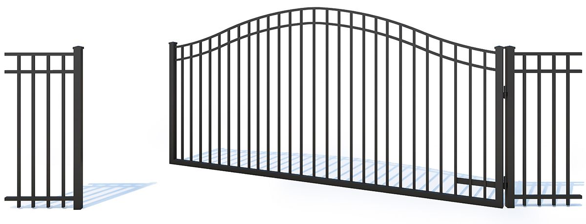Black metal driveway gate with two side panels, one open, on a white background