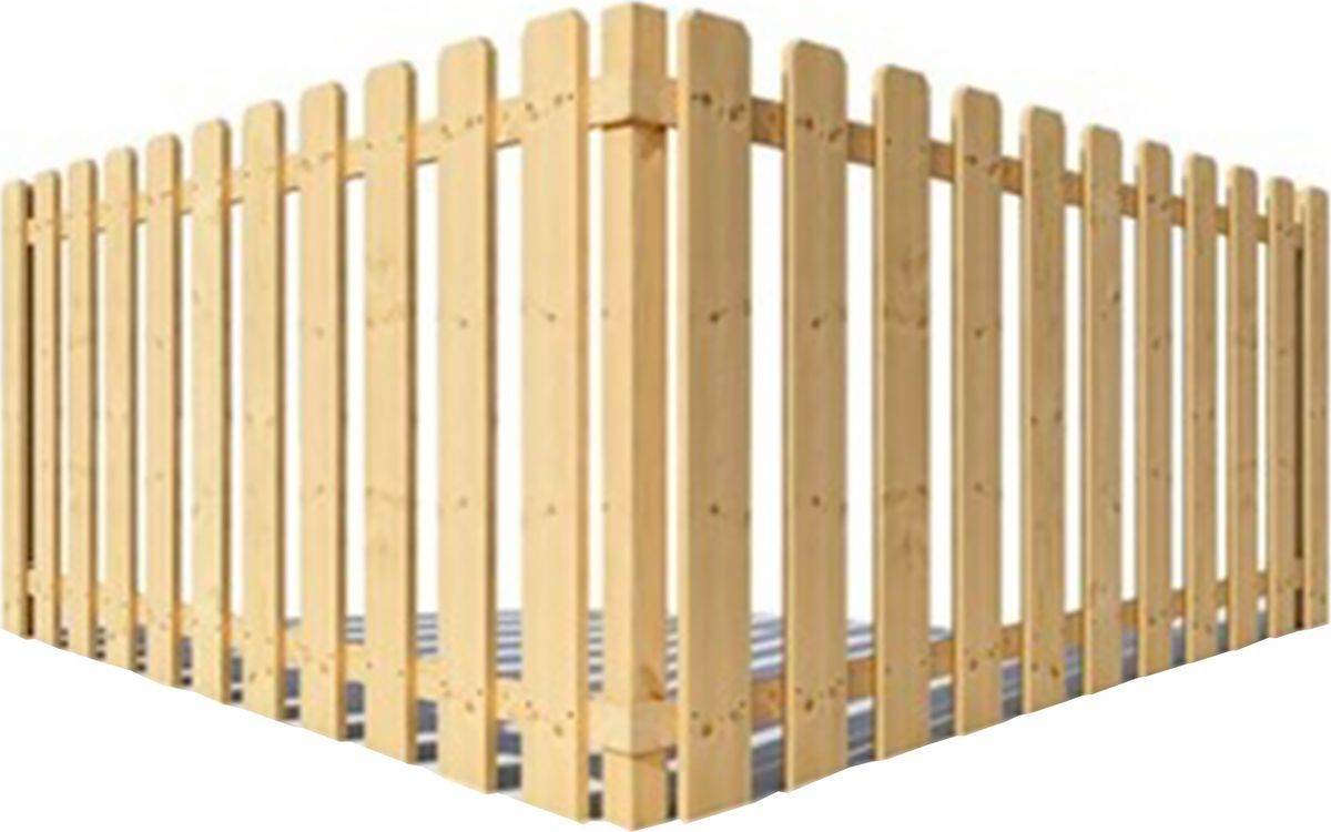 Wooden corner fence with vertical slats and gray base panels on a white background