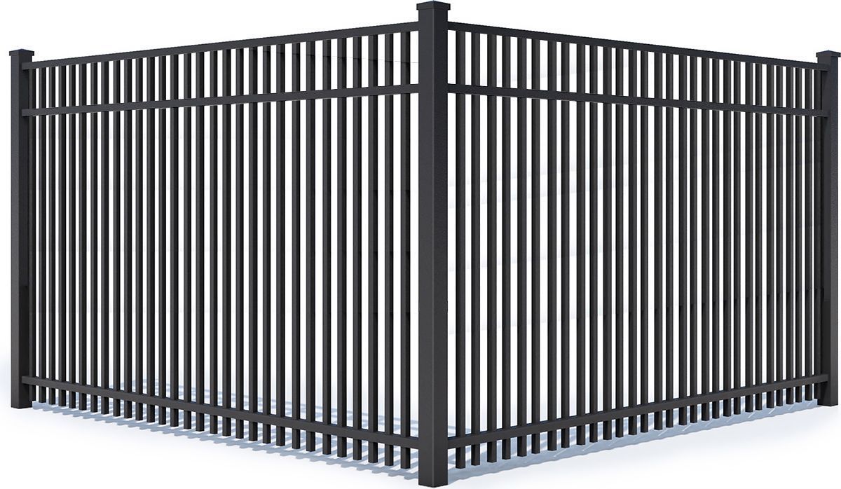 Black metal security fence panels with vertical bars and corner posts