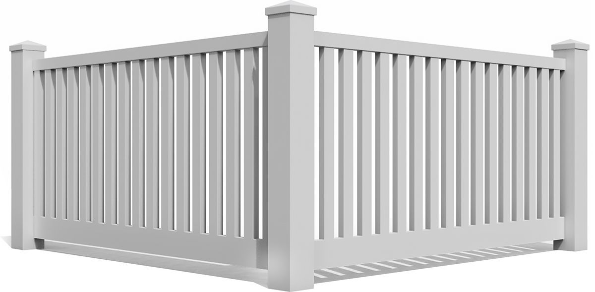 White vinyl privacy fence corner section with vertical slats and square posts