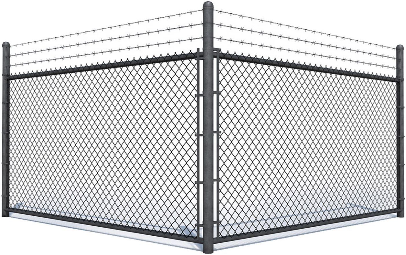 Black chain-link fence corner with metal posts and barbed wire top on a white background