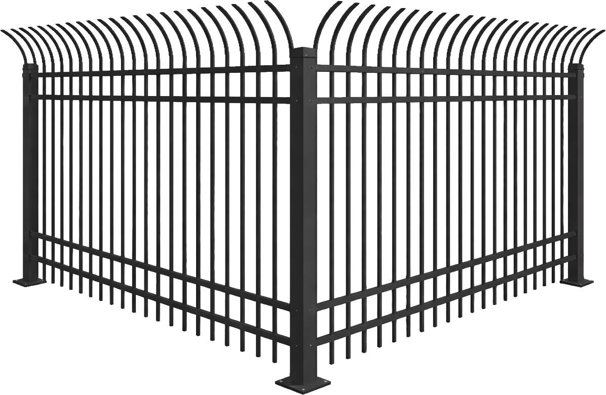 Black metal decorative fence with pointed vertical bars and arched top rails