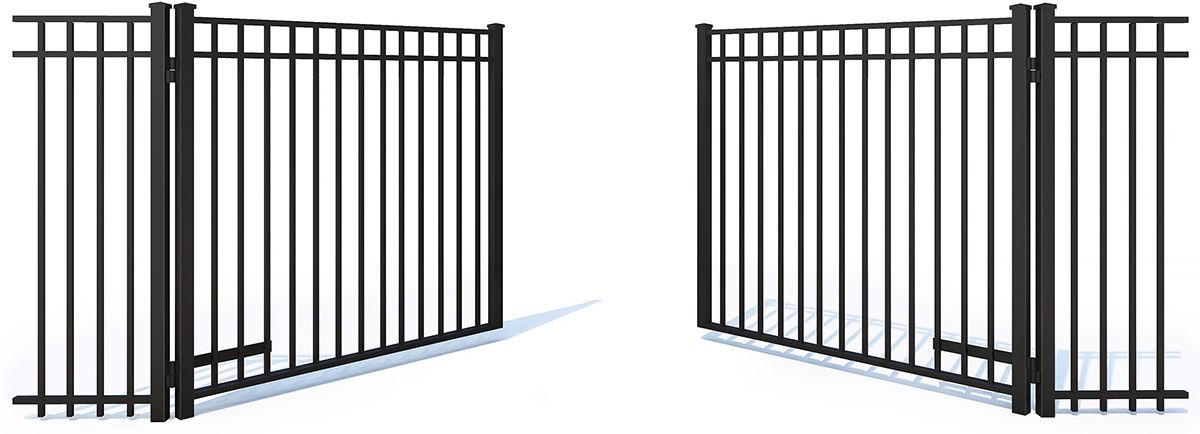 Two black metal gate sections facing inward, separated by a white gap.