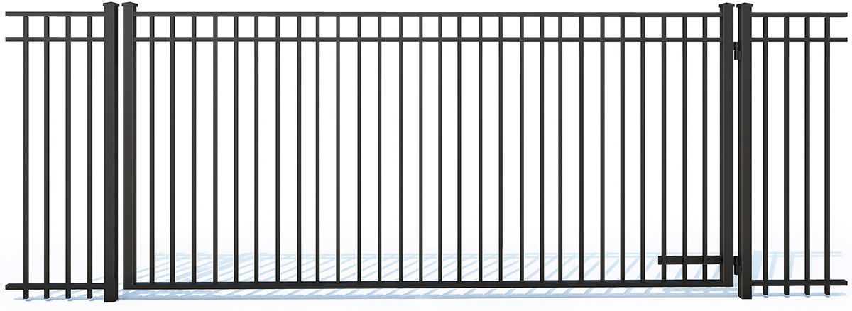 Black metal fence with vertical bars and two wider gate posts on a white background
