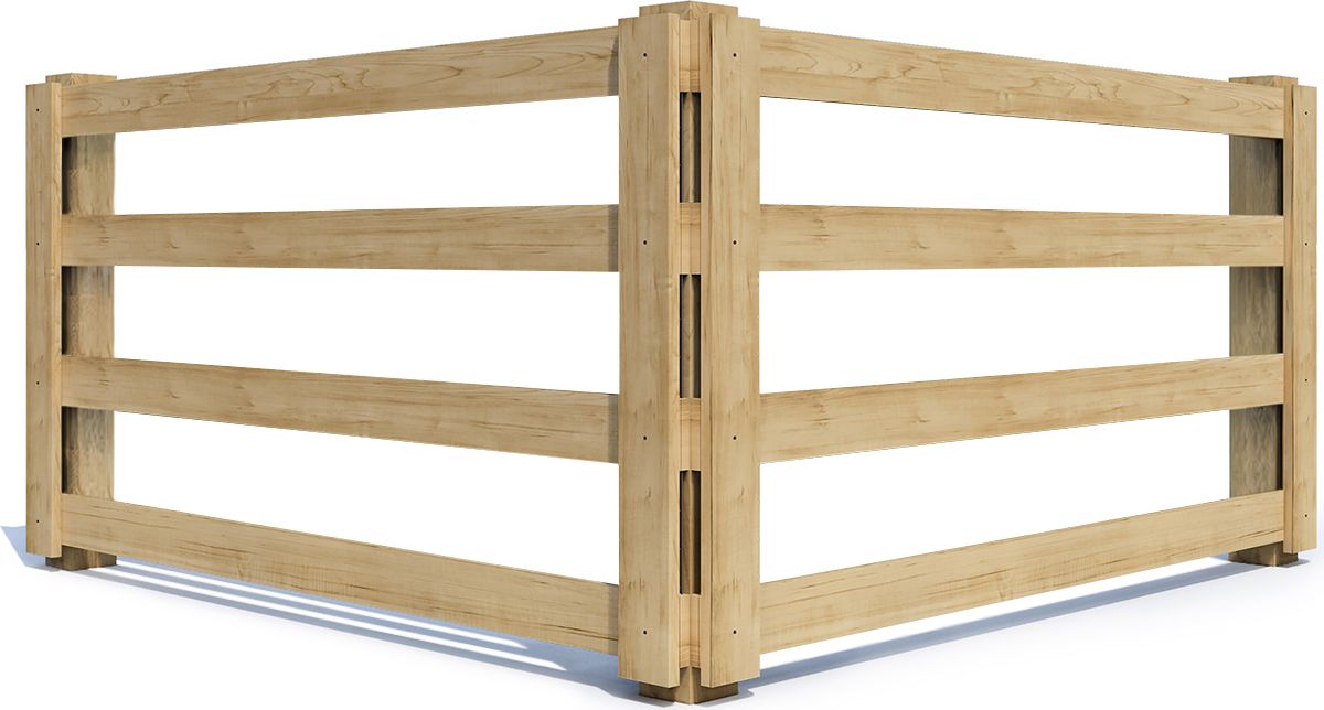 Wooden corner livestock fence panel with horizontal rails on a white background