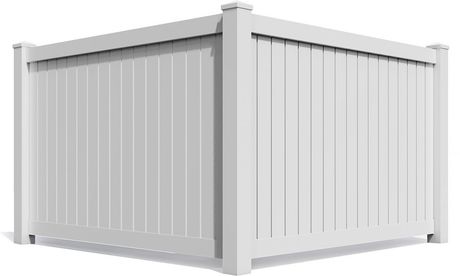 White vinyl privacy fence panels forming a corner with two posts