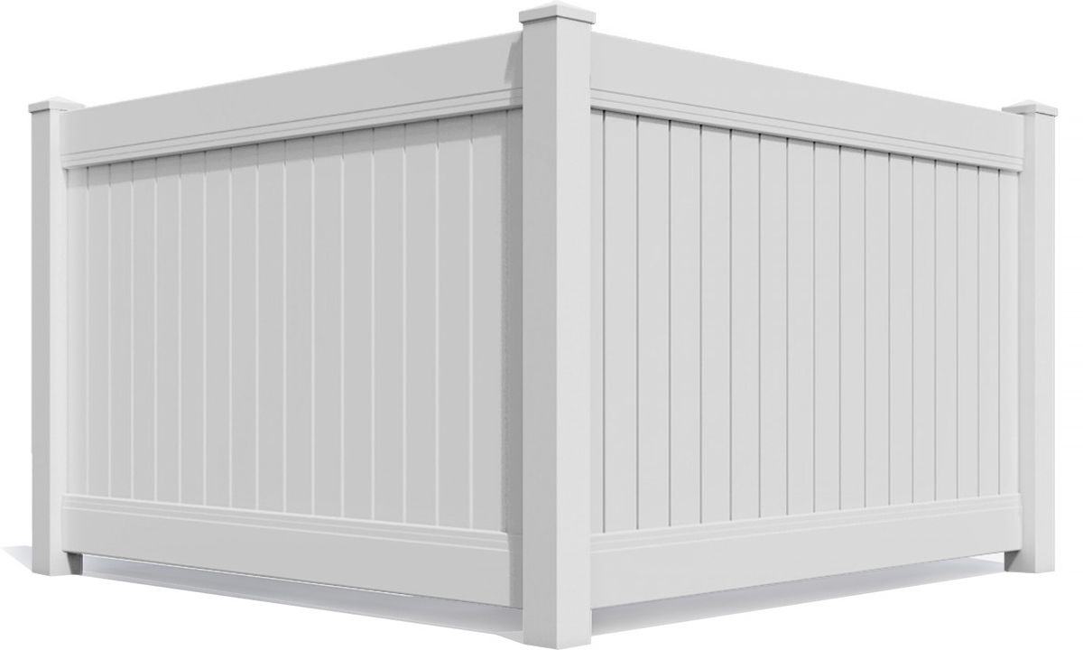 White vinyl privacy fence corner section with vertical slats and posts